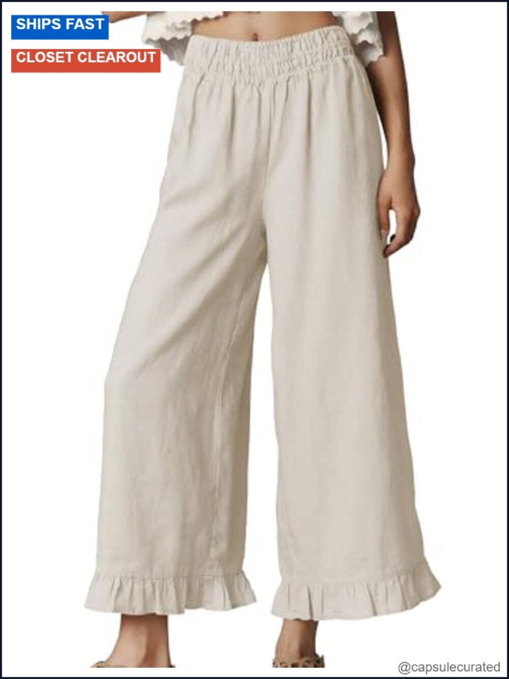 Wide Leg Pants High Waist Ruffle Hem Casual Loose Cropped Trousers
